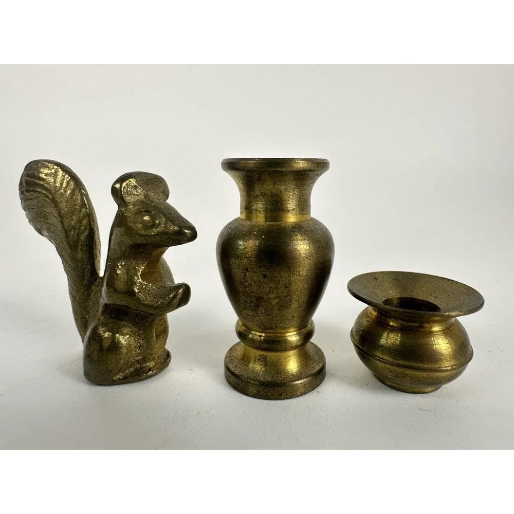Miniature Brass Dollhouse Decor Lot 3 Squirrel Vase Candle Holder Collectibles